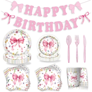 Pink bow floral birthday party set with plates, napkins, banner and glitter cutlery