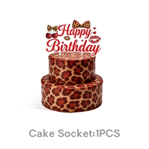 Detail of Happy Birthday cake topper with leopard bow and cherry pattern elements