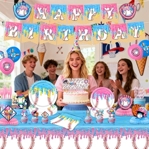 Baseball and ice cream theme birthday party decoration set with banners and tableware