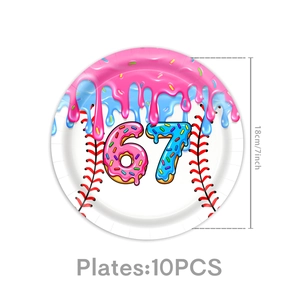 Detail of 7-inch paper plates with baseball donut design and number 67 for parties
