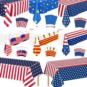 Detail of American flag and EU themed disposable waterproof tablecloth sets for parties