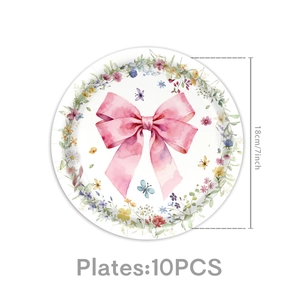 Watercolor floral paper plates with pink bow and butterfly, 7 inch party supplies 10PCS