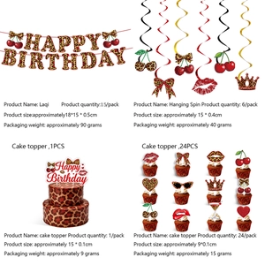 Detail view of leopard print birthday banners, hanging swirls, and cake toppers set