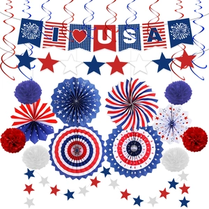 Detailed view of July 4th party kit with I Love USA banner and paper fans set