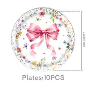 Detailed view of 9-inch floral paper plates with a pink watercolor bow design, 10-piece set
