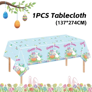Easter rabbit tablecloth in light blue with flower baskets and 137x274cm size label
