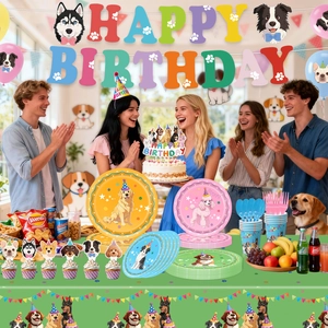 Kit de fête d'anniversaire thème chien avec banderoles assiettes gobelets et décors
