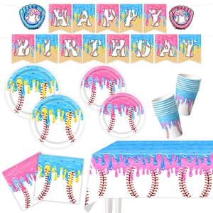 Baseball and ice cream birthday party set with banner, plates, napkins and tablecloth