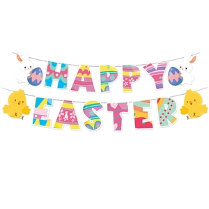 Happy Easter banner with colorful letters and cute bunny and chick party decorations