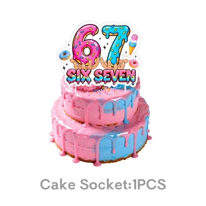 Close-up of pink and blue Six Seven cake topper on a colorful birthday party cake