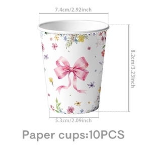 Detail of 10pcs disposable paper cups with pink bow and wildflower patterns for parties