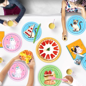 Cat theme birthday party tableware set with colorful cartoon plates, cups and napkins