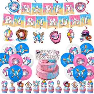 Flat lay of baseball and ice cream birthday party decorations with banners and balloons