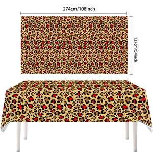Waterproof leopard print tablecloth with red accents and size dimensions 108x54 inches