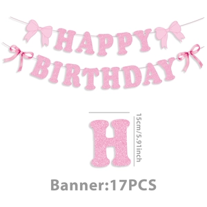 Pink glitter Happy Birthday banner with bows and 5.91-inch height dimension details