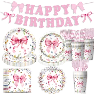Pink Bow Wildflower Birthday Party Disposable Tableware Set Paper Plates Cups Napkins For Girls Kids Party Decoration