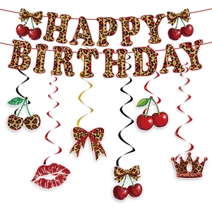 Red leopard cherry bow birthday party decoration set with Happy Birthday banner and swirls