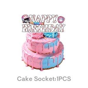Baseball Happy Birthday cake topper with sport elements on a blue and pink layered cake