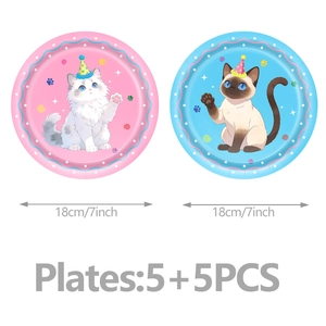 Detailed view of 7-inch cat themed disposable party plates in pink and blue designs