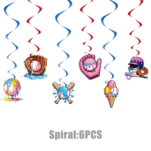 Detail of 6-piece baseball and ice cream themed hanging swirl decorations for birthday party