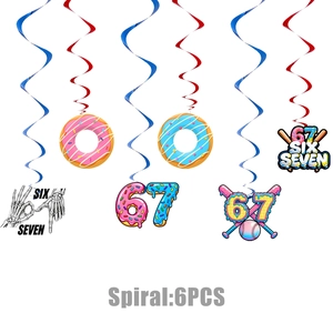 Detail view of Six Seven birthday party hanging spirals with themed paper cutouts