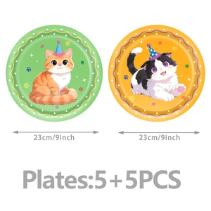 Detail view of 9-inch disposable cat party plates with cute cartoon illustrations