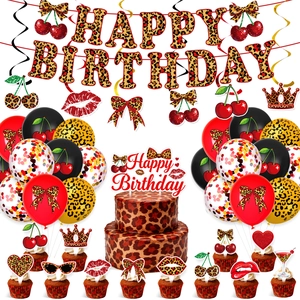 Leopard and cherry themed birthday party kit with red balloons and happy birthday banner