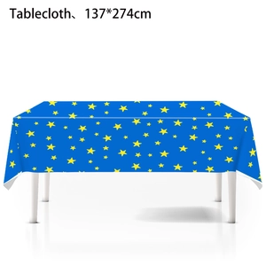 Close-up of blue disposable tablecloth with yellow star pattern, size 137x274cm