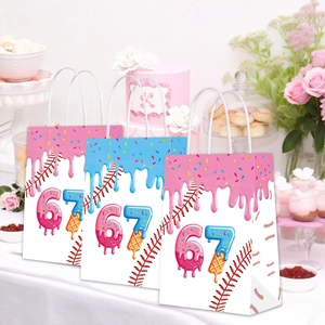 Baseball and donut themed paper gift bags for 6th and 7th birthday parties with rope handles