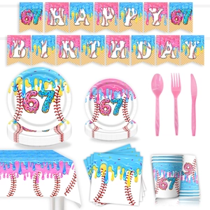 Detailed set of 67th birthday party tableware with baseball and donut patterns
