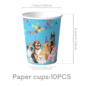 Dimensions détaillées des gobelets en papier pour fête d'anniversaire thème chiens mignons