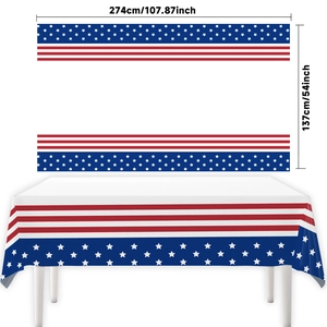Detail of disposable US flag tablecloth showing red white stripes and 274x137cm dimensions