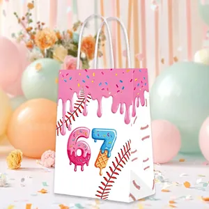 Birthday party gift bag with donut ice cream number 67 and baseball stitch patterns