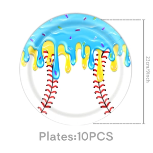 Set of 10 baseball themed 9-inch paper plates with red stitching and colorful frosting patterns