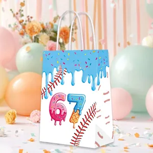 Baseball and donut themed birthday party gift bag with numeric 67 design and white handles