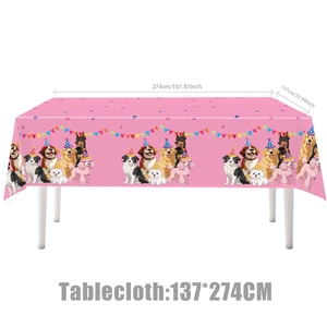 Nappe jetable rose thème chien avec chiots de dessin animé et chapeaux pour anniversaire