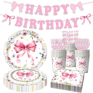 Pink watercolor wildflower and bow party tableware set with birthday banner and plates