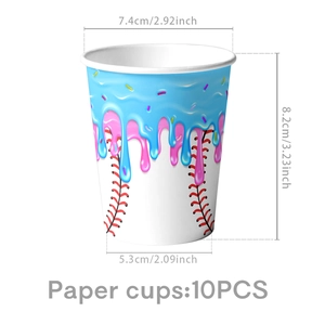 Detailed dimensions of baseball ice cream party cups with melt design and sprinkles