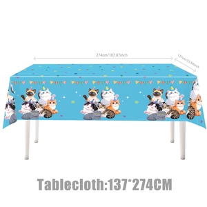 Blue cat theme birthday party tablecloth detail with dimensions 137x274cm and cartoon cats