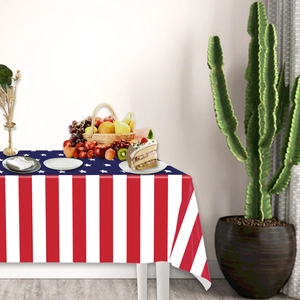 Detail of disposable USA flag tablecloth with stars and stripes pattern for party decor