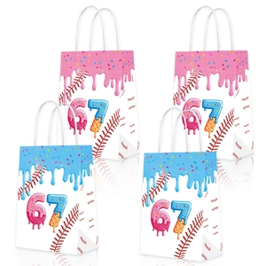 Baseball and donut themed paper gift bags with handles for 67th birthday party favors