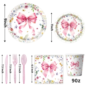 Spring wildflower and pink bow birthday party tableware set with disposable PE tablecloth