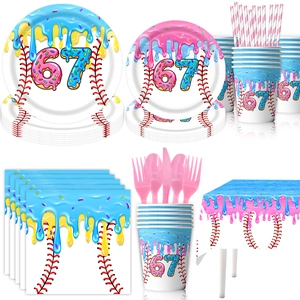 Baseball and donut themed 67th birthday party tableware set with plates and cups