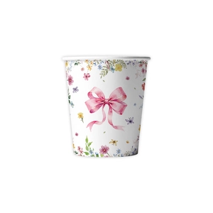 Disposable paper cup with watercolor wildflowers and pink bow for spring party decor