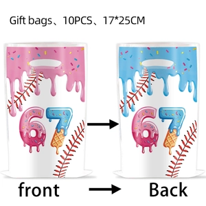 Detailed size view of baseball and donut themed birthday party gift bags measuring 17x25cm
