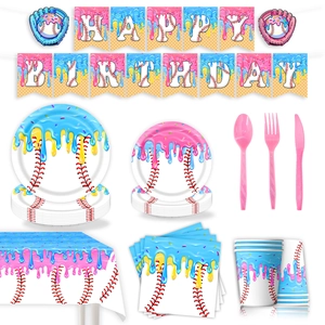 Baseball and ice cream themed birthday party set with banners, plates, and tablecloth
