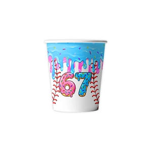 Birthday party paper cups with number 67 ice cream and baseball theme graphics