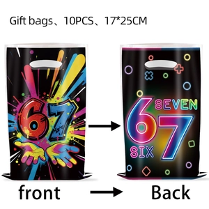 Detail of front and back of party gift bags with numeric 67 graffiti and neon game designs