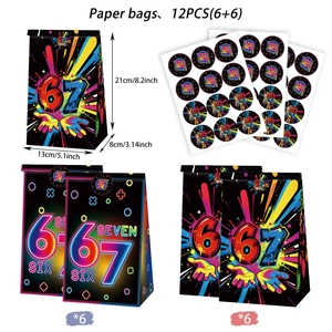 Detailed view of 12pcs neon graffiti 67 paper party bags with stickers and dimensions