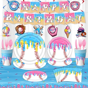 Baseball Ice Cream Theme Birthday Party Decoration Set Banner Balloons Cake Toppers Tableware Paper Plates Napkins Cups Tablecloth